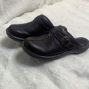 Born Black Leather Women's Slip-On Clog with Buckle Detail